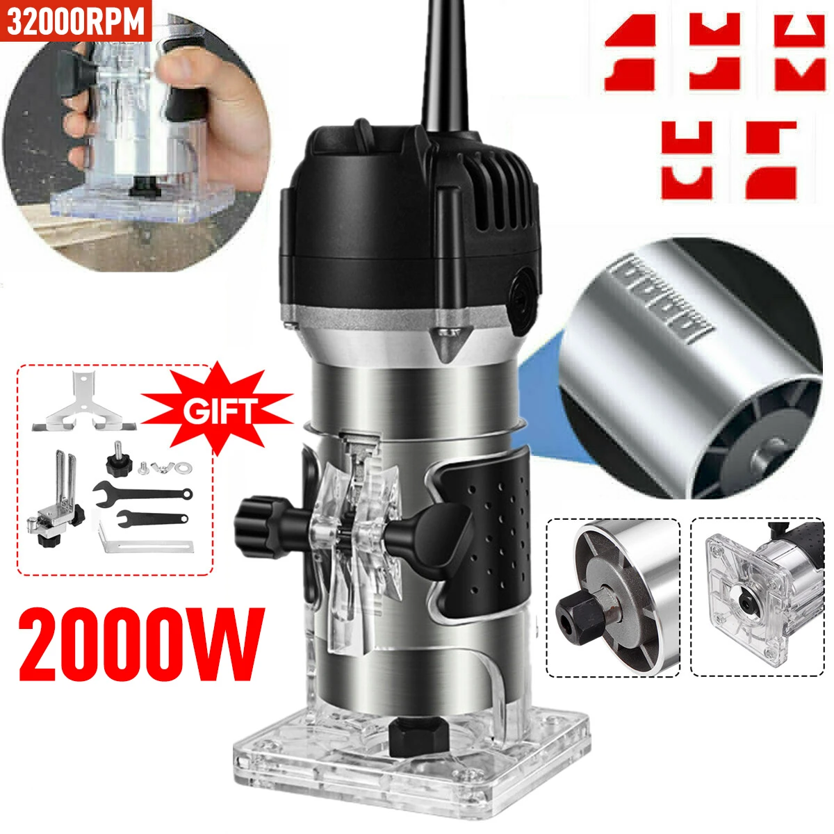 2000W 32000r Wood Router Tool Combo Kit Electric Woodworking Machines Power Carpentry Manual Trimmer Tools With Milling Cutter