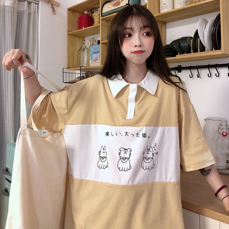 2020 Women's T-shirts Tops Japanese Kawaii Ulzzang Lazy College Cat Print Loose T-shirt Female Korean Harajuku Clothes For Women