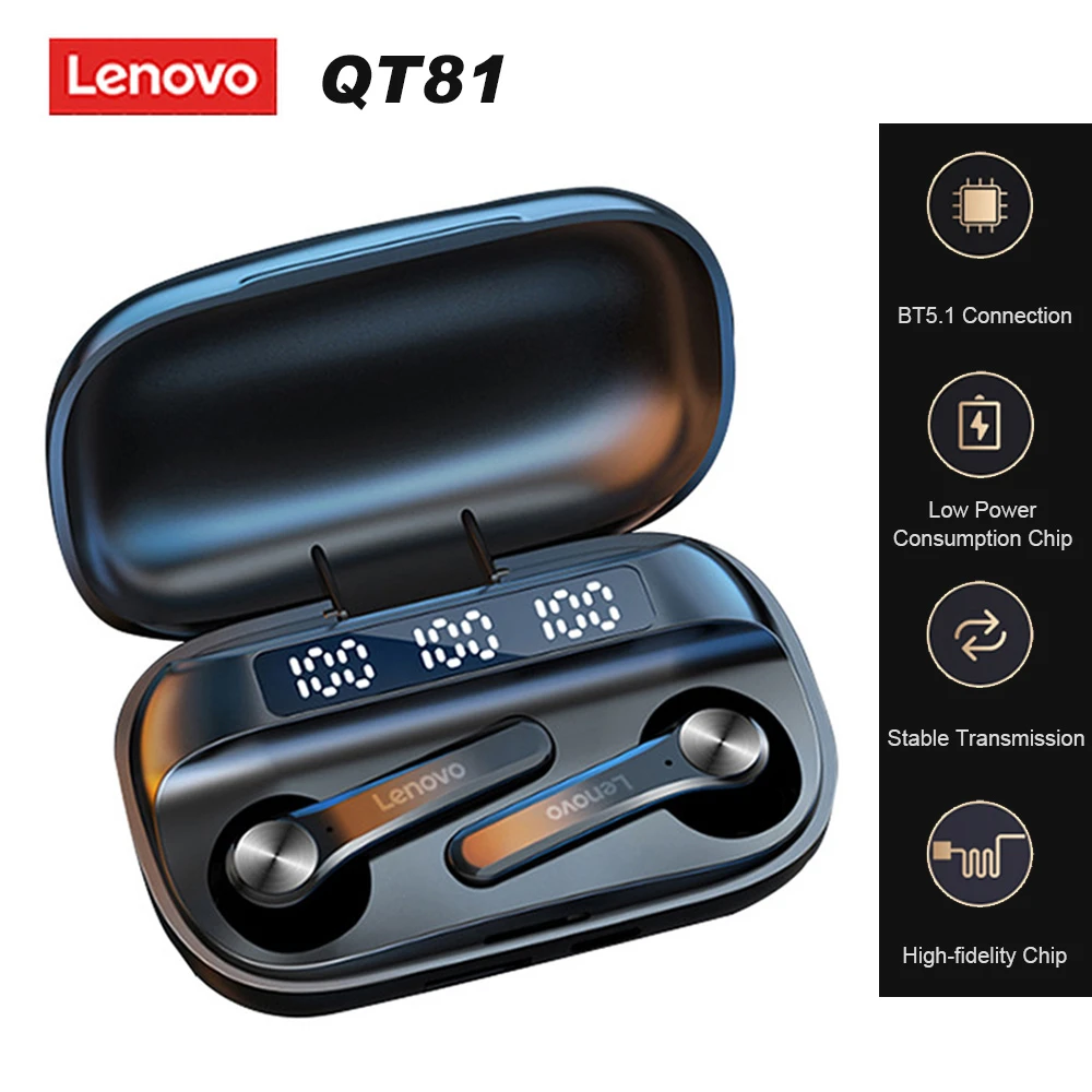 Lenovo QT81 TWS Earbuds True Wireless Headphones Bluetooth 5.1 Earphones Touch Control Sweatproof Sports Music Headset with Mic