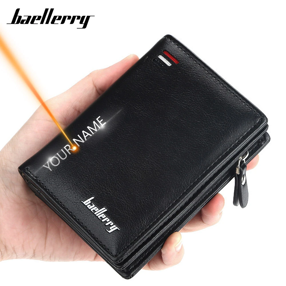 Fashion Men Wallets Name Engraving Zipper Card Holder High Quality Male Purse New PU Leather Coin Holder Men Wallets Carteria