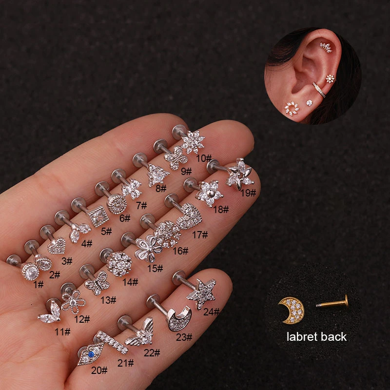 Korean Style New Trendy Earrings Flat Bottom Labret Ear Bone Stud Classic Piercing Ear Rings Women's Body Jewelry