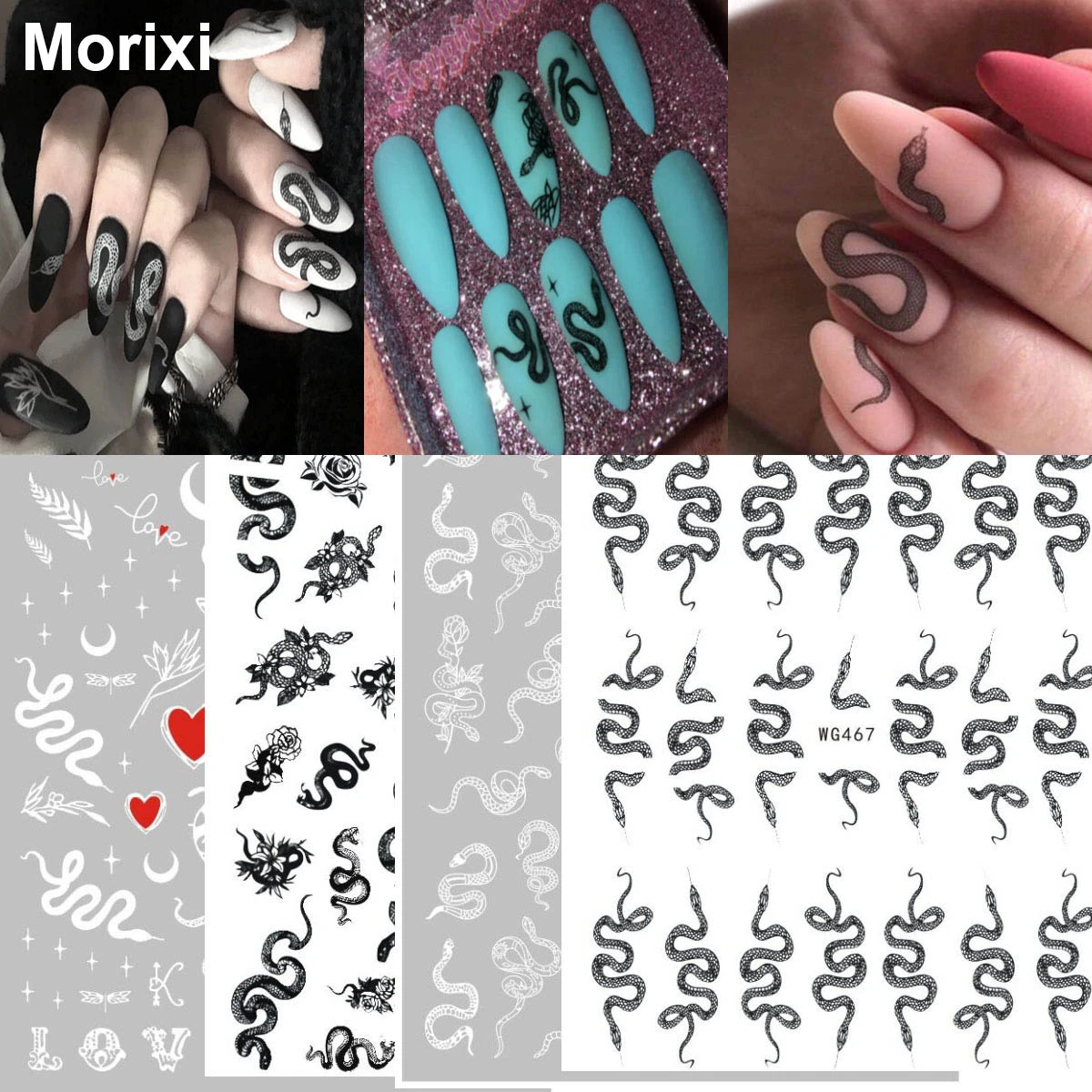 Morixi nail art sticker dragon and snake printing white black color 3D manicure beauty tools self glue nail decals WG055