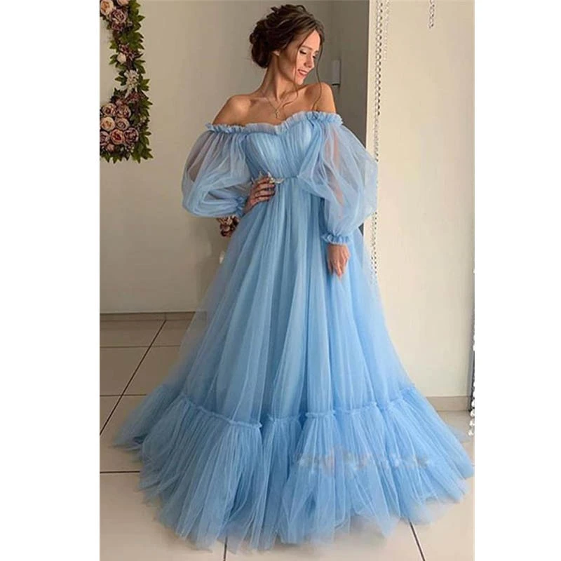 Tromlfz Pink Prom Dresses Long Sleeve Off The Shoulder Gauze Princess Vestido 2021 Ball Gown Formal Evening Party Robe