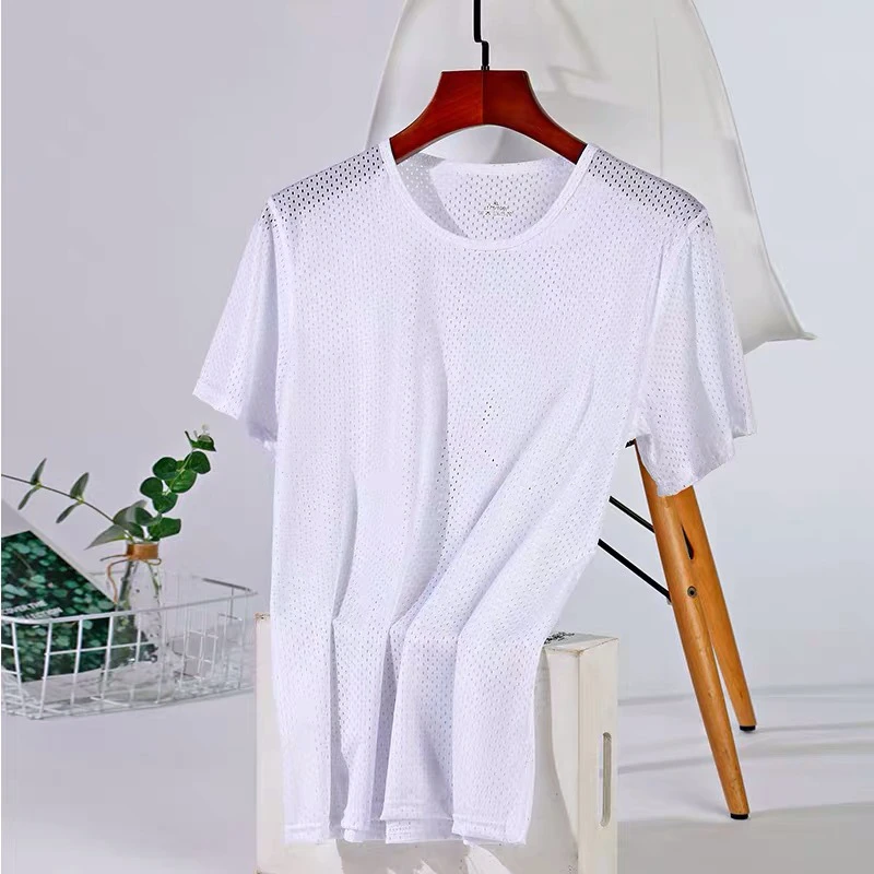 Ice Silk Mesh T shirt for Men Summer Breathable Short Sleeve Tops  Men's Quick Dry T-shirt Trainer Running  Tshirt