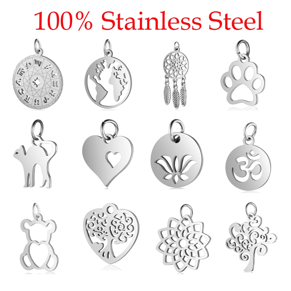 5pcs/lot 100% Stainless Steel Dog Paw Cat Animal Charm Wholesale Sun Om Connector Yoga Lotus Heart DIY Charms for Jewelry Making