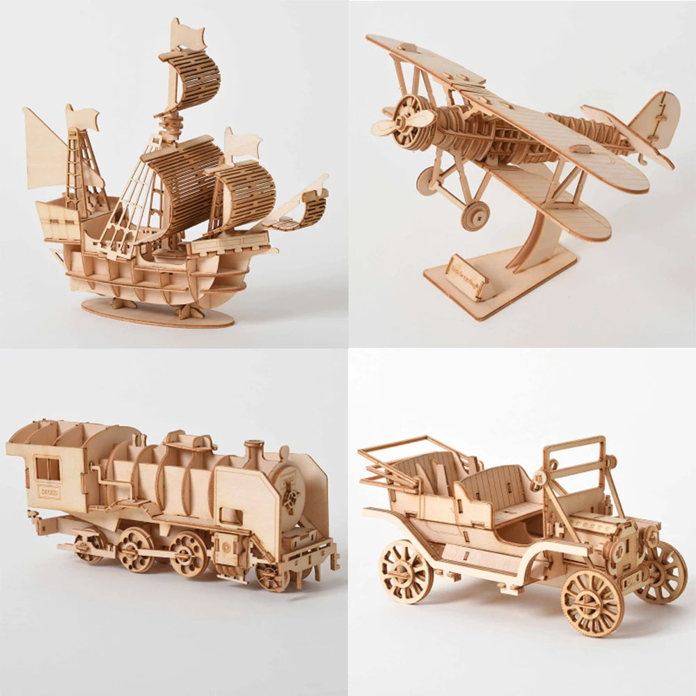 Laser Cutting 3D Wooden Puzzle Sailing Ship Biplane Steam Locomotive Train Toys Assembly Kits Desk Decoration for Children Kids