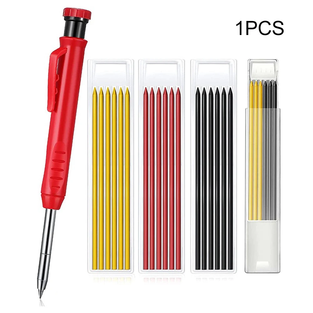 Solid Carpenter Pencil Set With7 Refill Leads Built-in Sharpener Deep Hole Mechanical Pencil Marking Tool