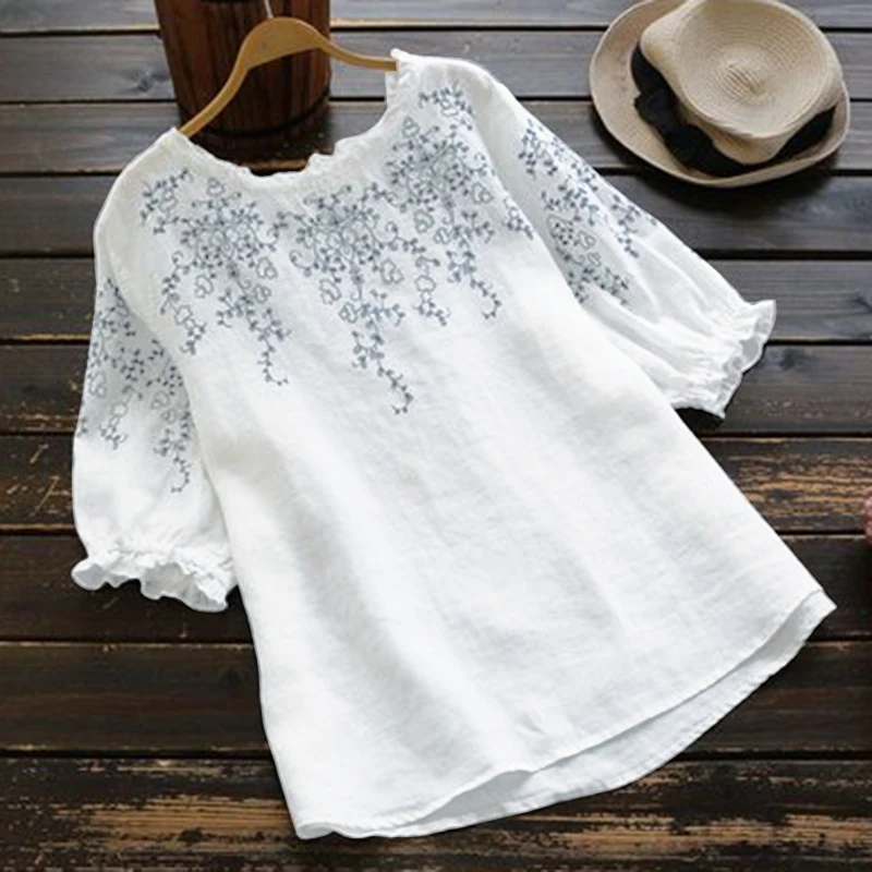 Fashion O Neck Cotton Tunic Women's Summer Blouse ZANZEA 2021 Causal Half Sleeve Tee Shirts Female Embroidery Tops