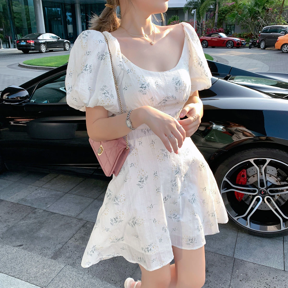 Puff Sleeve French Floral Print Maxi Mini Woman Dress Office Lady Korean Japan Style Kawaii Elegant Dress for Women 2021 Summer