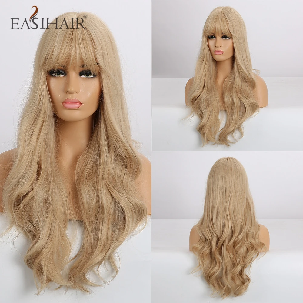 EASIHAIR Long Blonde Wavy Synthetic Wigs for Women Wigs with Bangs High Density Natural Cosplay Wigs Brown Ombre Heat Resistant