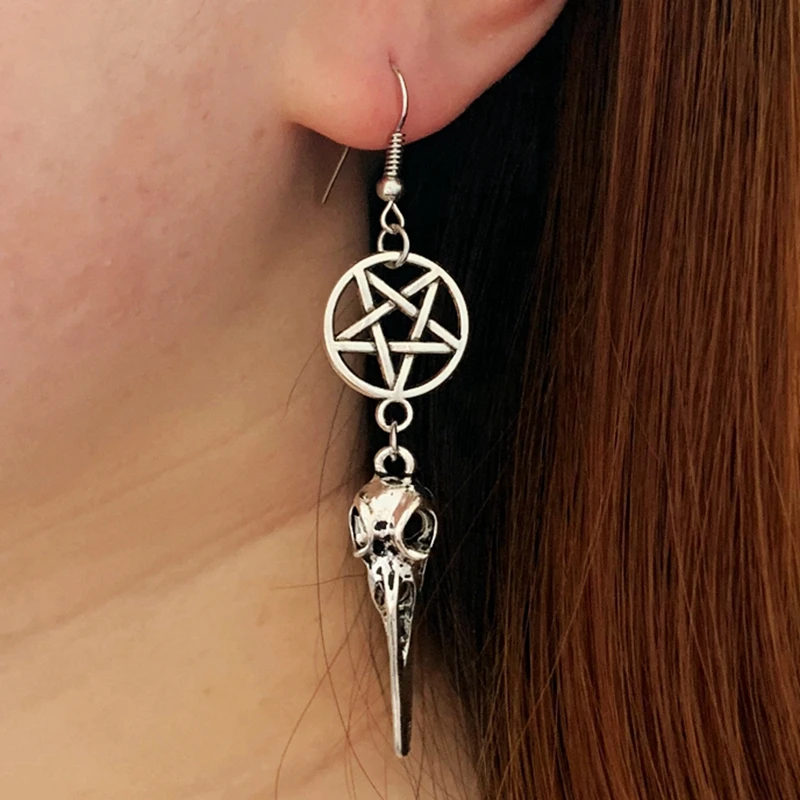 The New Bird skull earrings, Gothic earrings, pentagram, crow skull earrings, Halloween gift