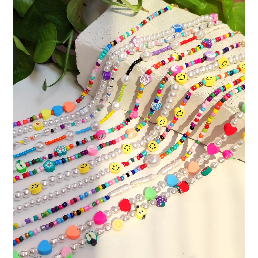 Handmade Imitation Pearls Smile Face Beaded Necklace For Women Acrylic Bead Strand Choker Collar Bohemian Jewelry 2021 New Trend