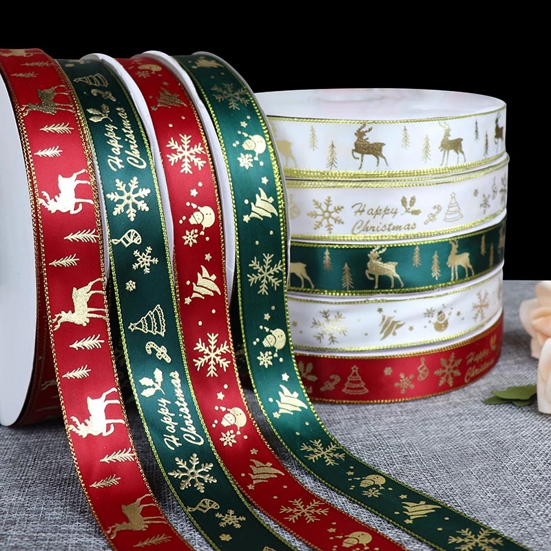 5 Yards 25mm Bronzing Christmas Ribbon Printed Polyester Ribbon For Christmas Decoration Gift Wrapping DIY Sewing Fabric