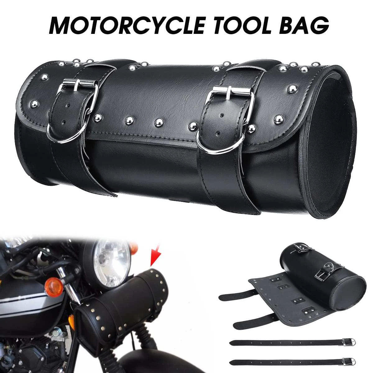 Universal Black Motorcycle Tool Bag Front Fork Handlebar Saddlebag Roll Barrel Racing Tail Barrel Storage