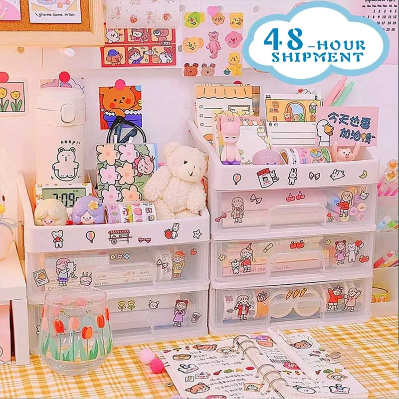 W&G Kawaii Large Capacity Transparent Drawer Type Desktop Organizer Desk Storage Box Pen Holder School Cute Office Stationery