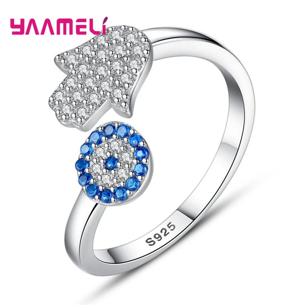 Trendy 925 Sterling Silver Evil Eye Crystal Adjustable Rings For Women Party Fashion Jewelry Anniversary Gift Wholesale