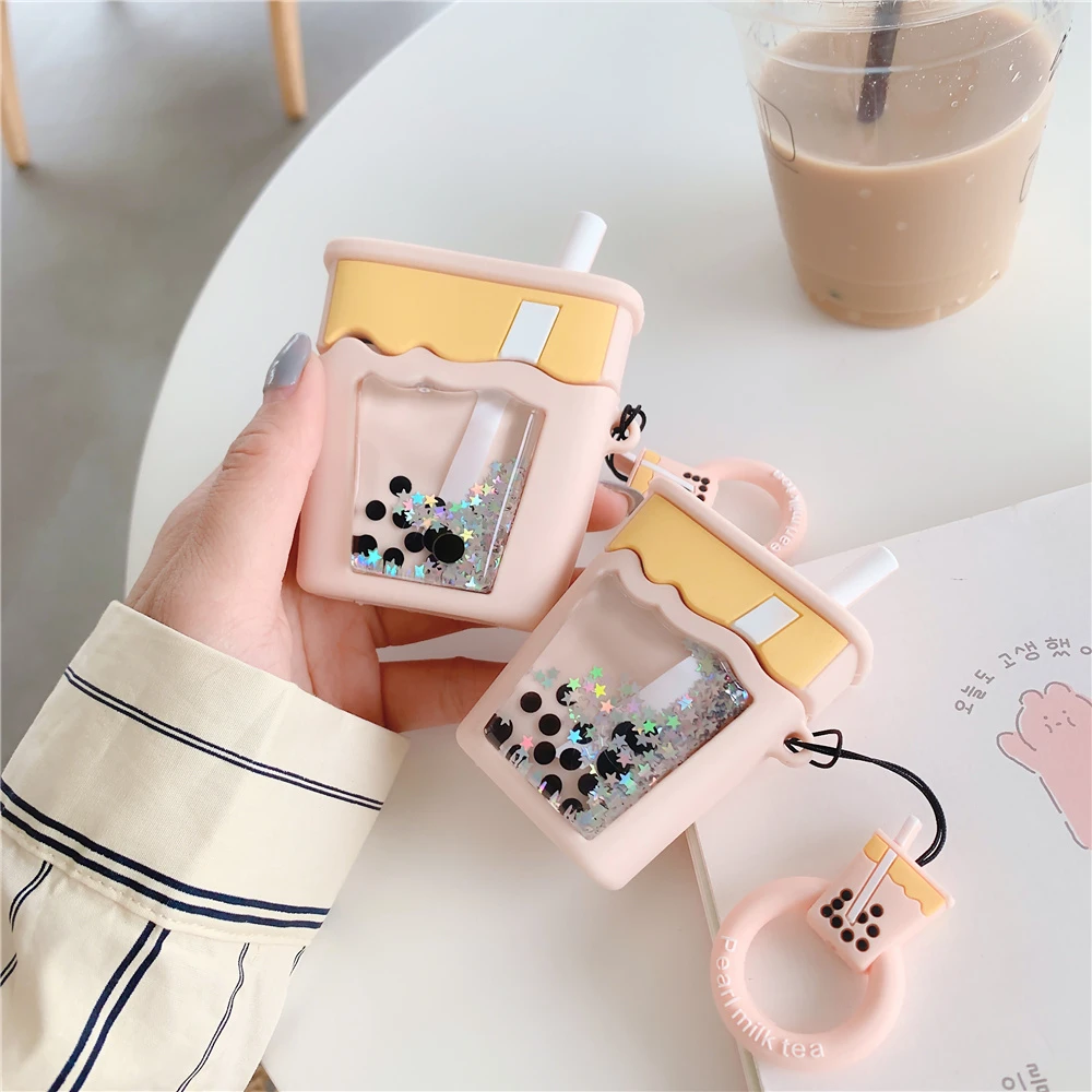 Cute Liquid quicksand glitter Bubble Milk tea cup Wireless Bluetooth Earphone Case for Airpods pro 2 1 3D Silicone headset Cover