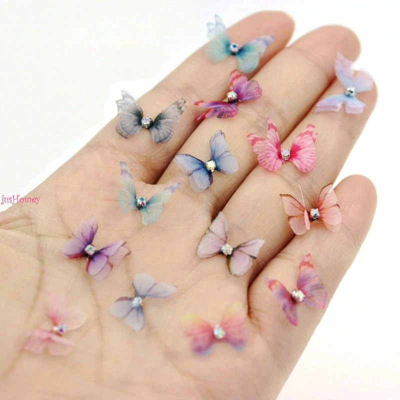 100pcs/Lot Handmade Organza Tiny Butterflies w/ Rhinestone Silk Butterfly 1.5cm-1.8cm for DIY Jewelry Making, Nail Art