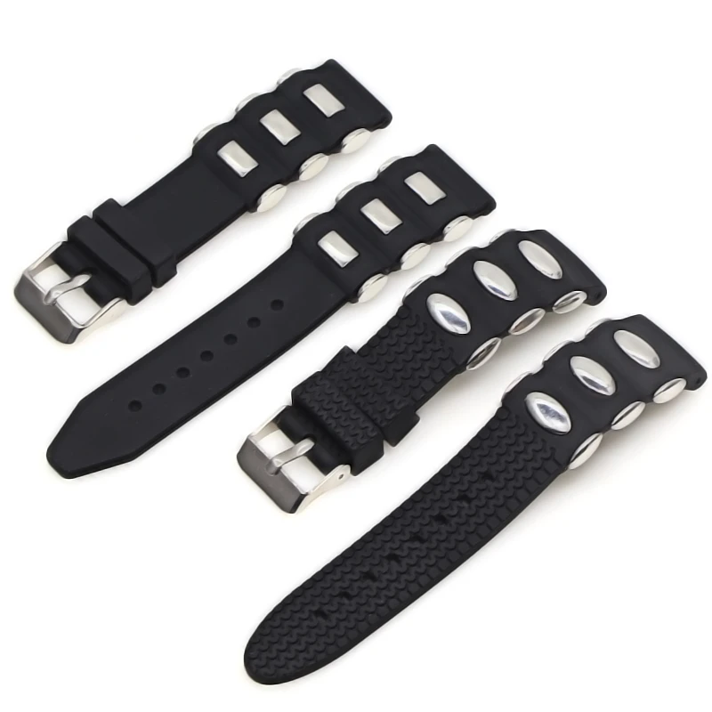 Silicone Watchband 20mm 22mm 24mm 26mm Metal Embedding Waterproof Black Rubber Replacement Bracelet Band Strap Watch Accessories