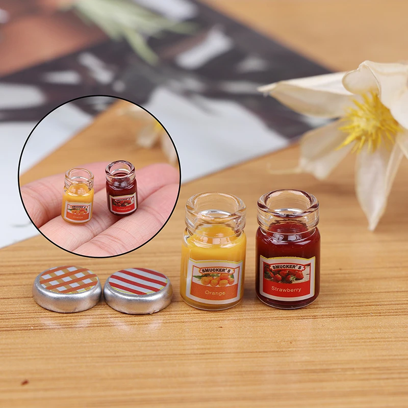 2PCS 1:12 Dollhouse Miniature Food Mini Strawberry Sauce Jam Honey Food Lemon Water For Doll Kitchen Toy Accessories