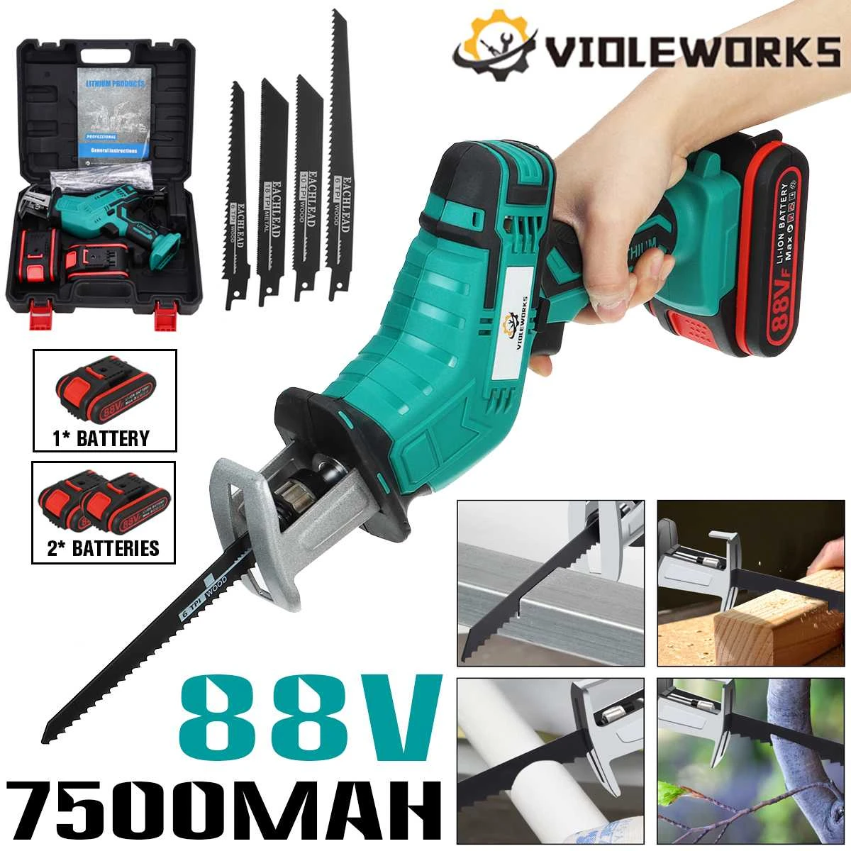 88V Cordless Lithium Battery Reciprocating Saw Wood/Metal Cutting Saw Saber Saw Portable Electric Saw Rechargeable Power Tool