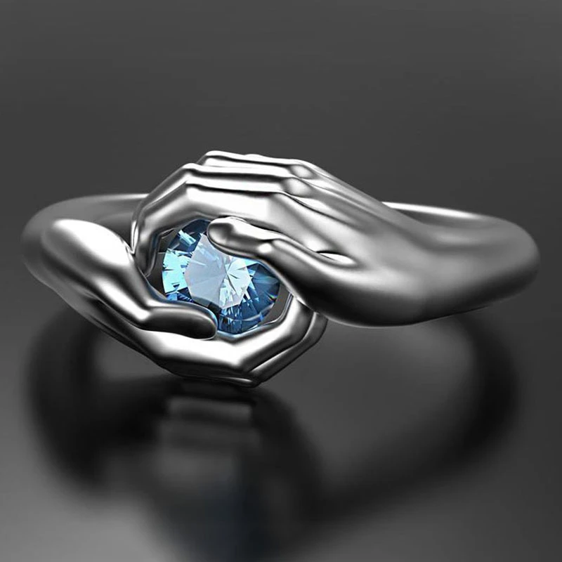 Vinatge Silver Color Wedding Ring Hip Hop Blue Zircon Engagement Ring Punk Male Female Hand Hug Adjustable Rings For Women Men