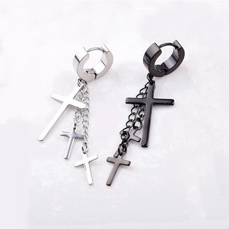 Rinhoo 1 Pcs Punk Gothic Tassel Cross Earrings Stainless Steel Round Drop Earrings Women Men Fashion Party Punk Rock Jewelry