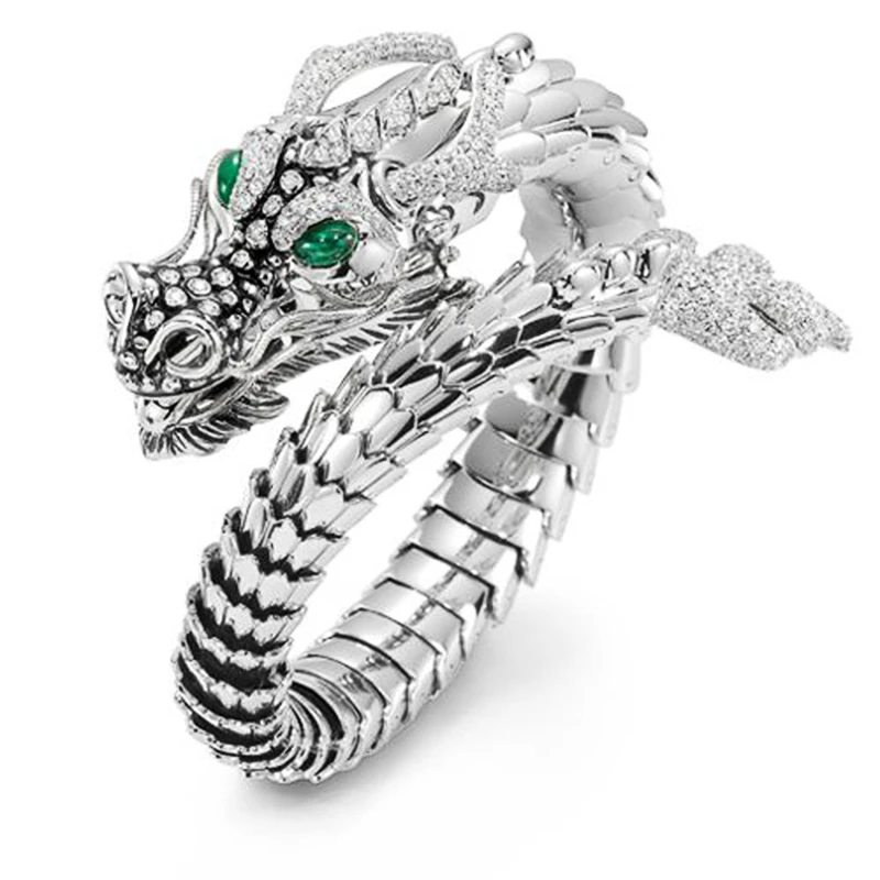 Huitan Whole Dragon Open Ring for Men Green Eyes Heroic Spirit Silver Color Dragon Hyperbole Male Rings Punk Style Men Jewelry