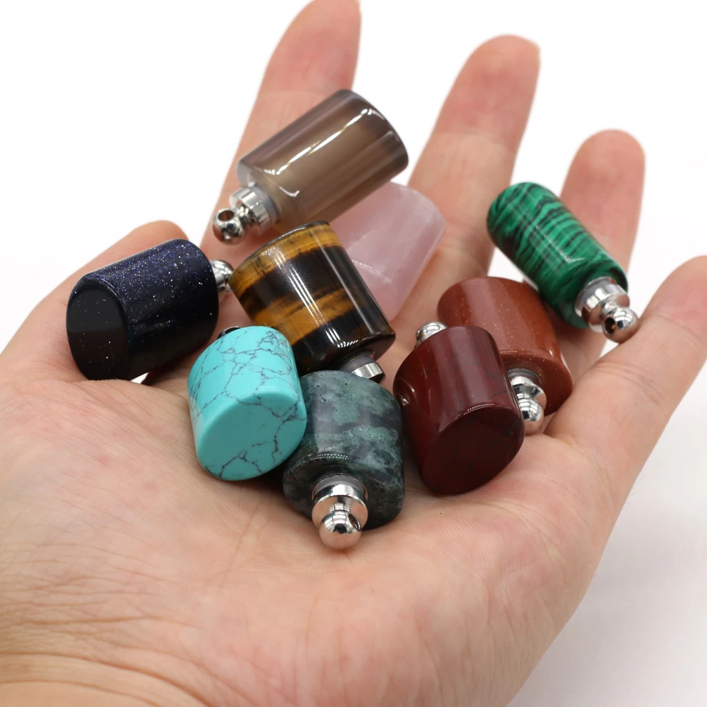 Natural Stone Perfume Bottle Pendant Flat Cylindrical Semi-precious Exquisite Charms For Jewelry Making DIY Necklace Accessory