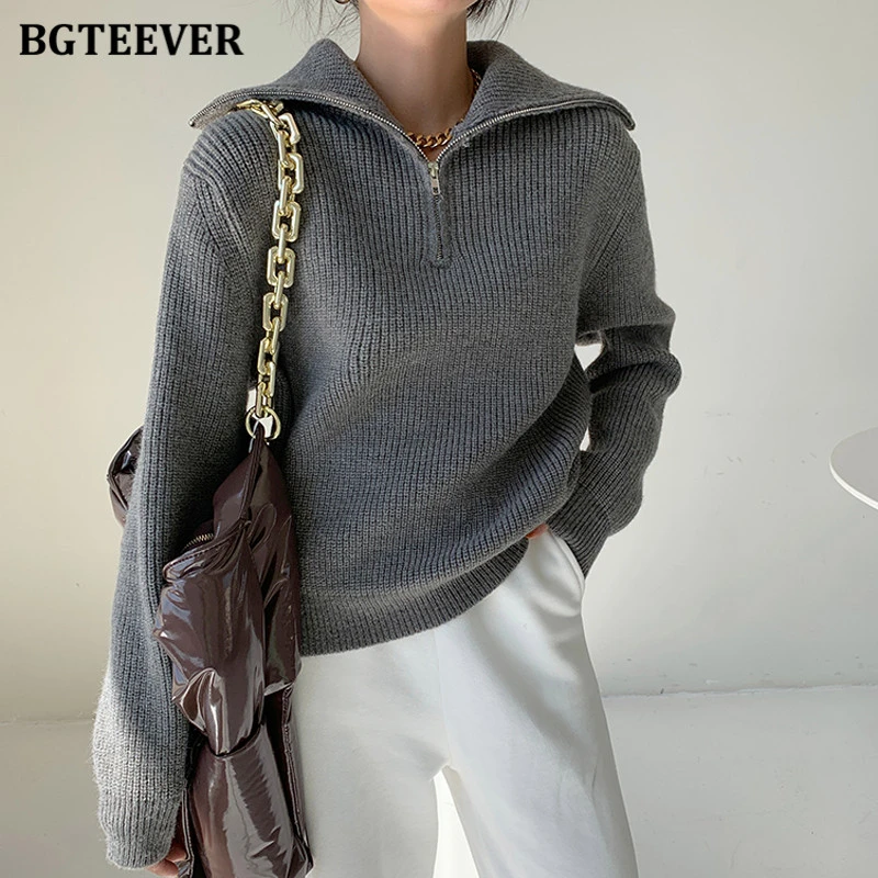 BGTEEVER Fashion Thick Turtleneck Zipper Pullover Sweaters Women Loose Long Sleeve Female Solid Knitting Jumpers Autumn Winter
