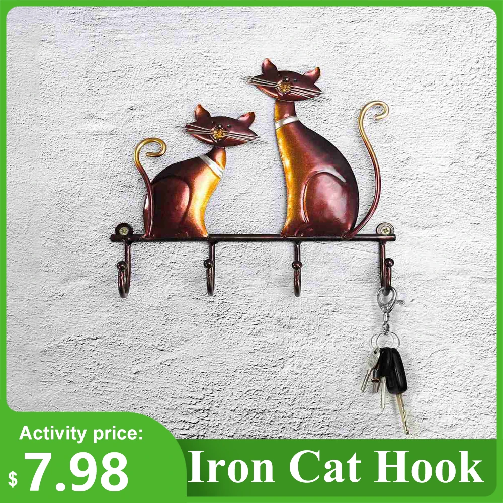 Tooarts Key Holder Iron Cat Wall Hanger Hook Decor 4 Hooks Keys Hanger Wall Hooks Decorative Umbrella Hook Hanging Convenient