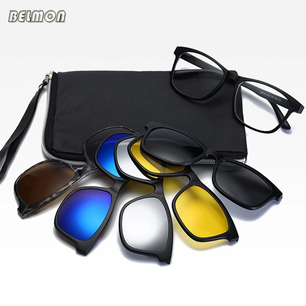 Belmon 6 In 1 Spectacle Frame Men Women With 5 PCS Clip On Polarized Sunglasses Magnetic Glasses Male Computer Optical 2201