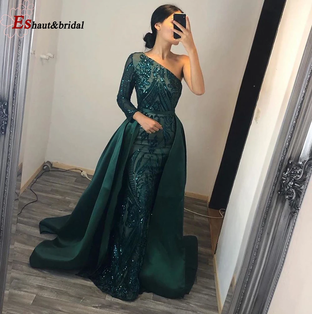 Elegant Wedding Evening Night Dress 2021 Muslim Long Sleeves Mermaid with Detachable Train Sequined One Shoulder Prom Party Gown