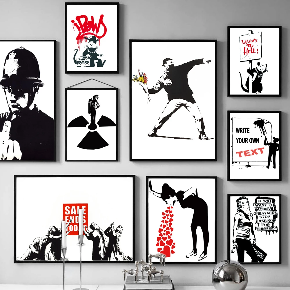 Nordic characters canvas painting girl and red balloon mural Banksy Art Poster living room bedroom bar home decoration mural