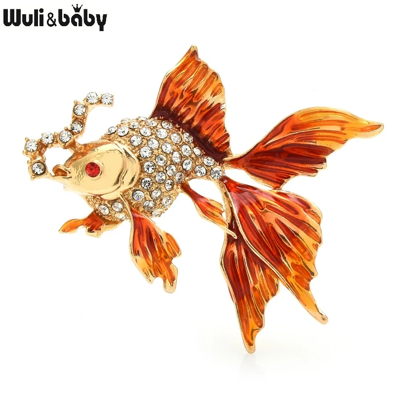 Wuli&baby Enamel Gold Fish Brooches Women Unisex 3-color Rhinestone Sea Animal Party Office Brooch Pins Gifts