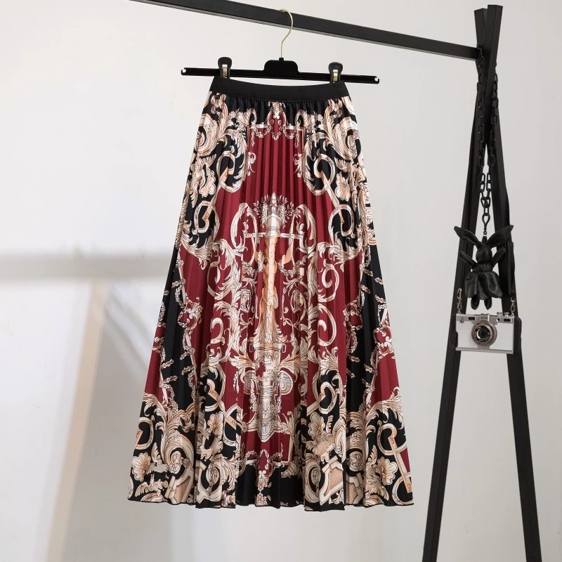 Women Summer 2021 New Print Cartoon Pattern Women Skirt Party Holiday Fashion Brand Pleated Skirts Long Female A-Line Midi Skirt