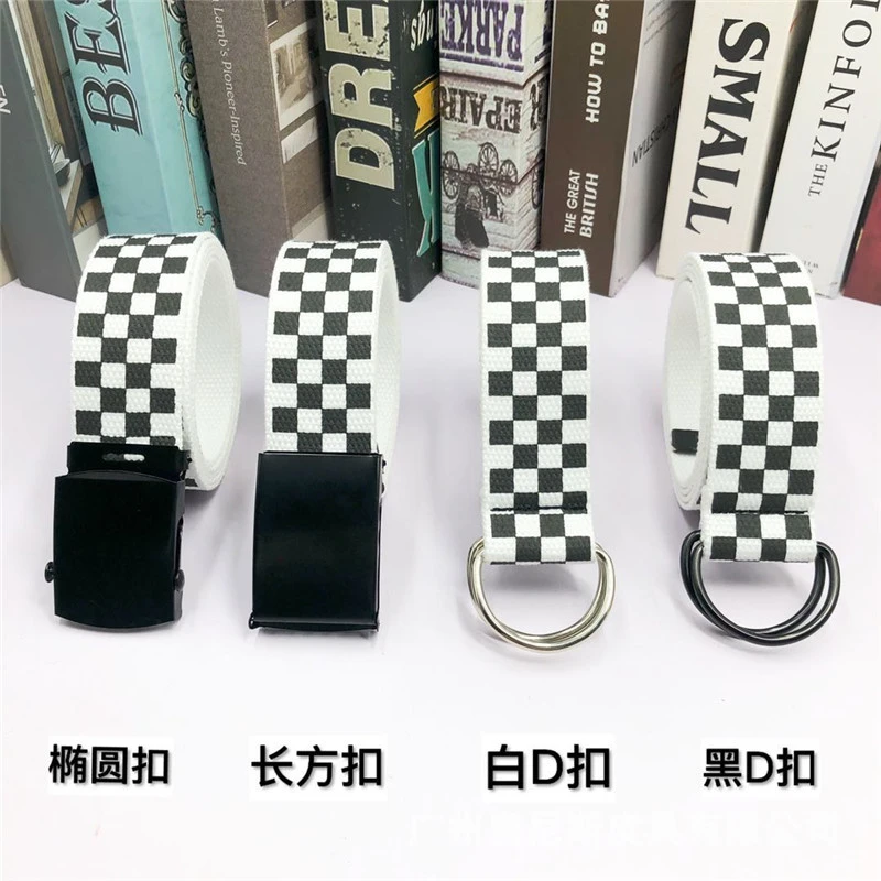 2022 Fashion Punk Checkered Belt Waistband Long Black and White Plaid Checkerboard Couple Checkered Canvas Women New Belts