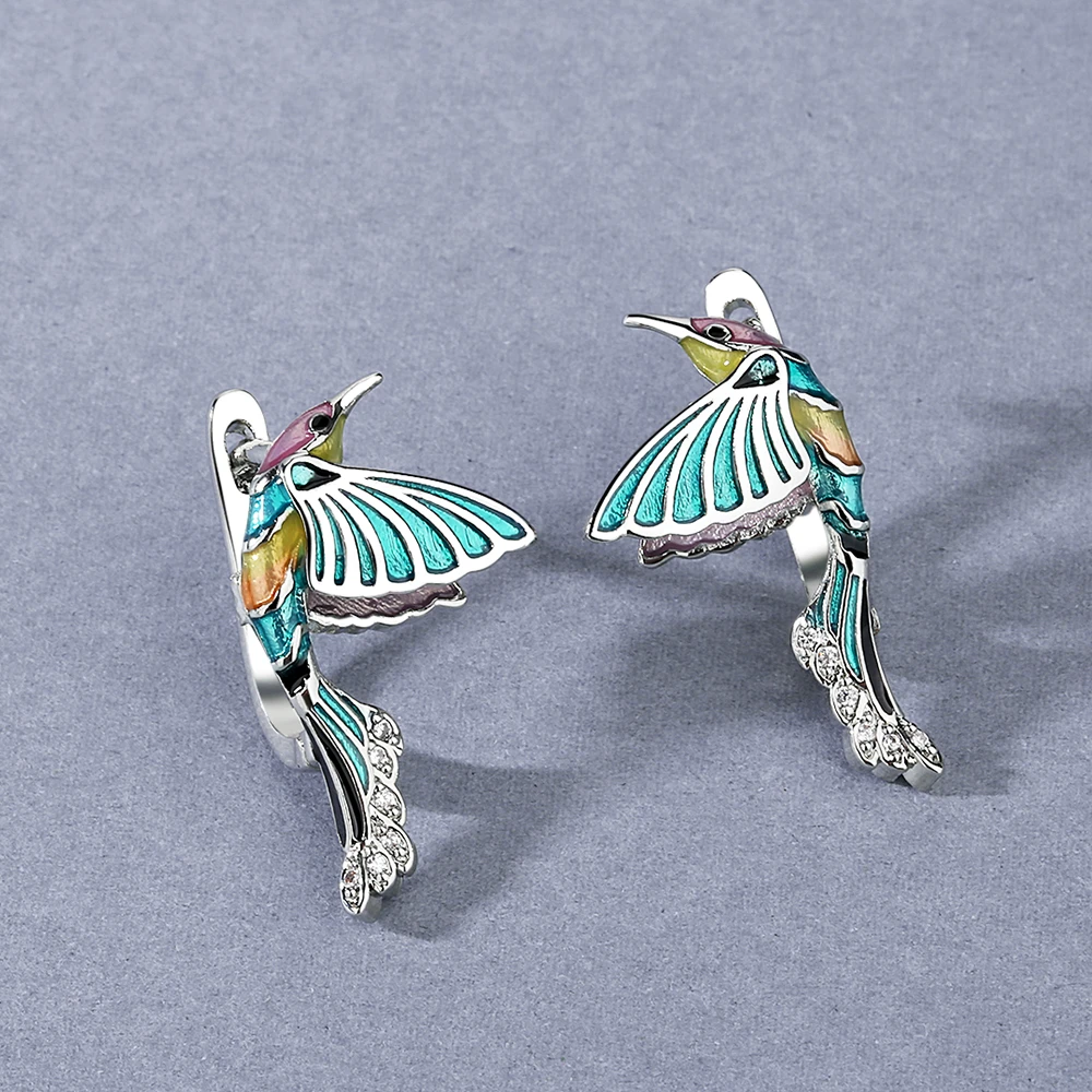 2021 Creative Hummingbird Women's Earrings Color Epoxy Jewelry Flower Earrings Fashion Women's Wedding Earrings Handmade Enamel