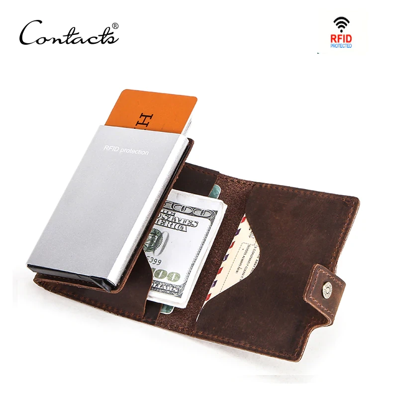 CONTACT'S Crazy Horse Leather Men Wallet RFID Blocking Credit Card Holder Aluminum Box Automatic Pop Up Business Security Purse