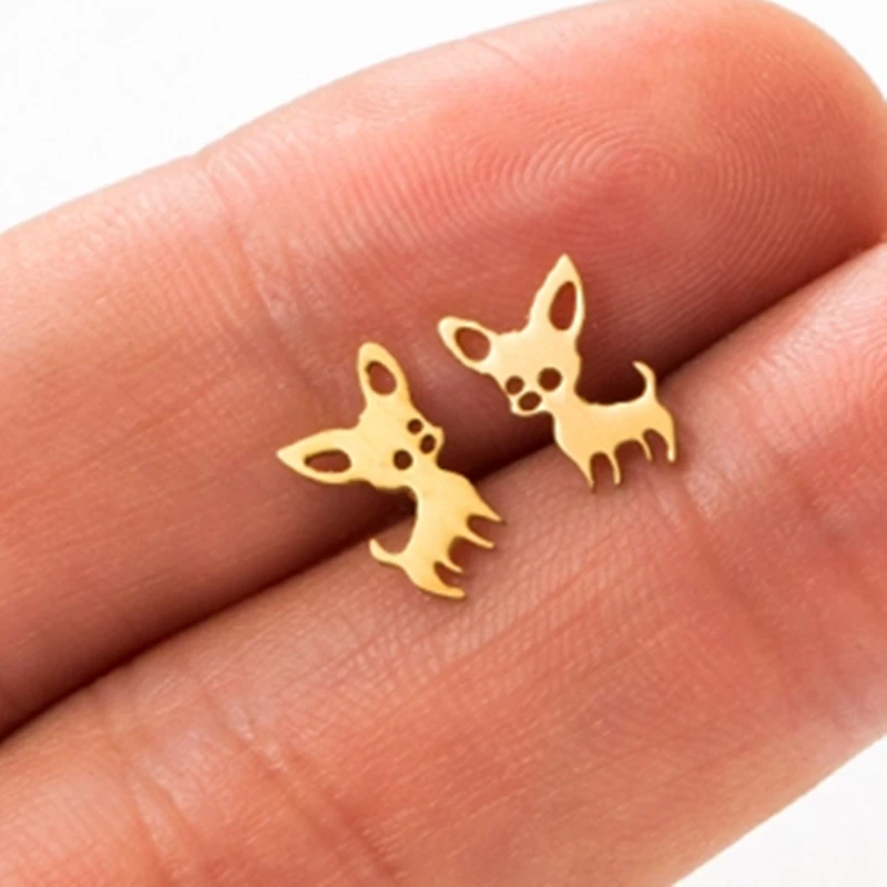 Mini Chihuahua Stud Earrings For Women Cute Stainless Steel Golden Animal Dog Ear Studs Fashion Earring Jewelry Accessories New