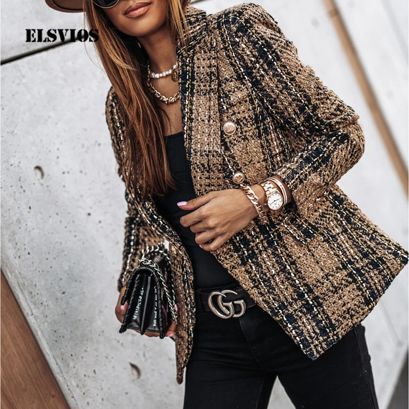 Elegant Lattice Print Autumn Winter Jacket Suit Collar Double Breasted Cardigan Jacket Plus Size Women Casual Streetwear Jackets