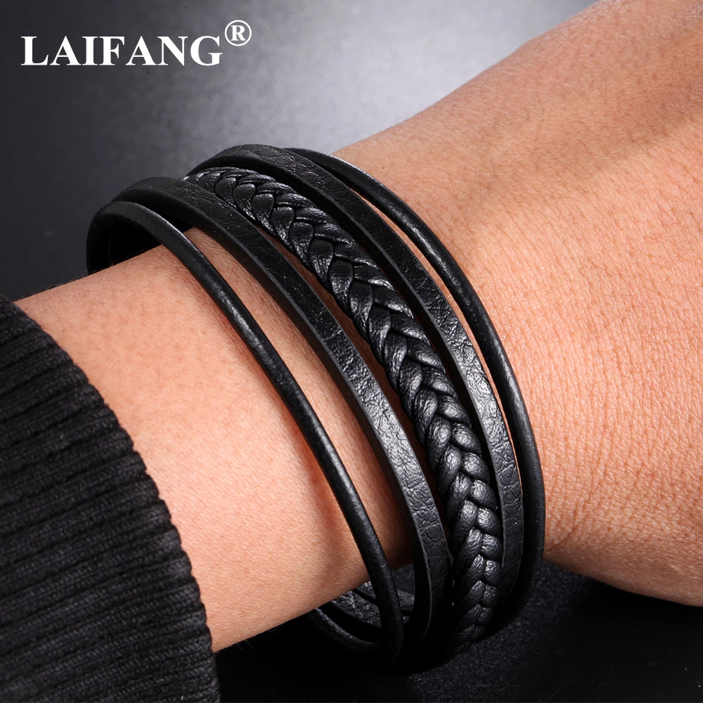 Black Men Leather Bracelet Multilayer Leather Wristband Snap Non-slip Manual Braided Bracelet Fashion Boys Decoration Mature C11