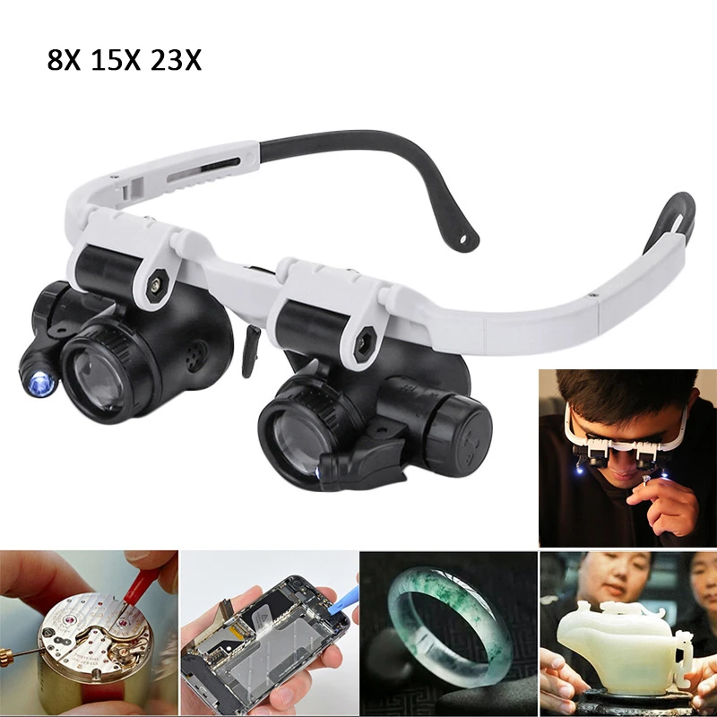 8X 23X LED Retractable Head-mounted Watch Maintenance Magnifying Glasses Double Eyes Magnifying Glasses With LED Light