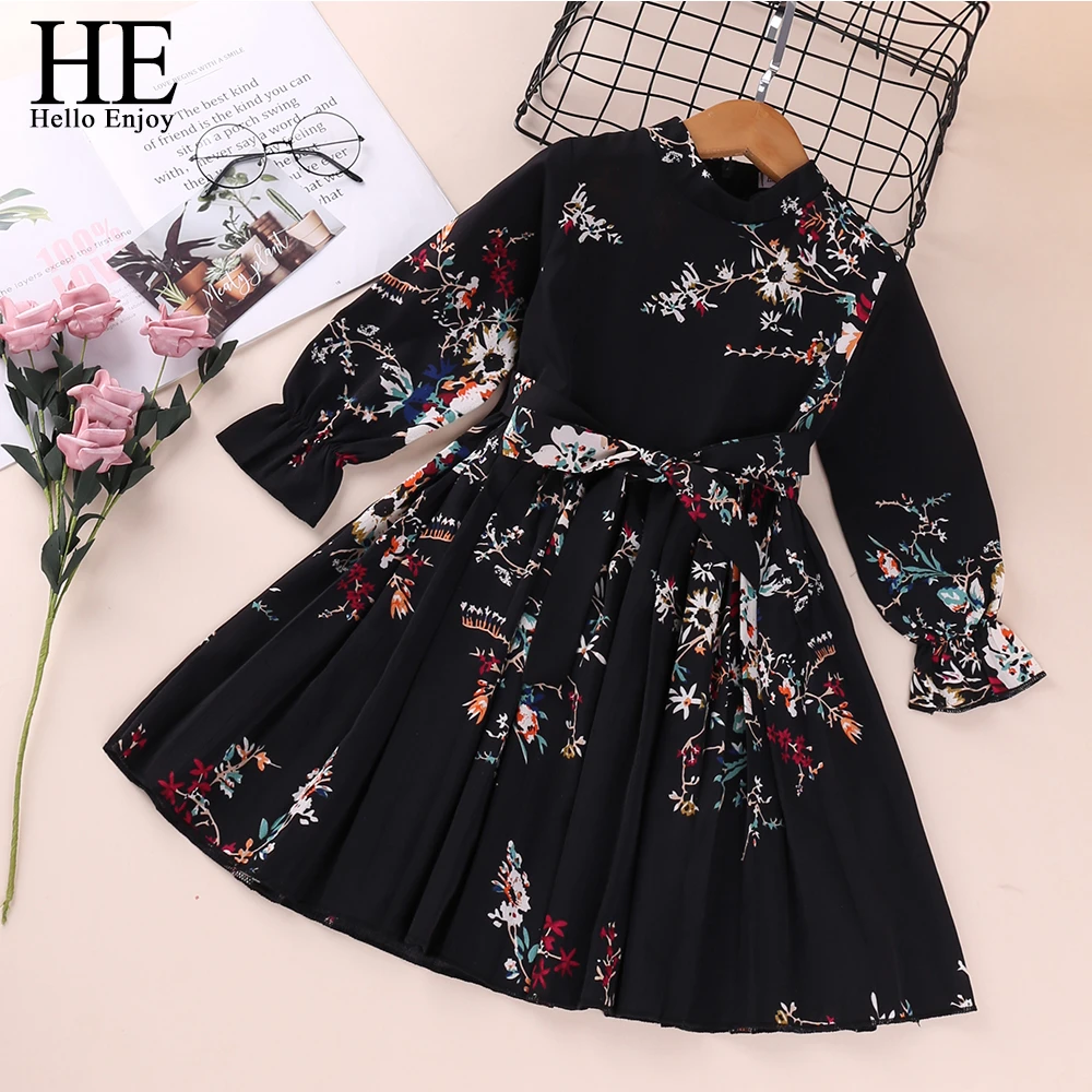 HE Hello Enjoy Girls Dresses Autumn Baby Girl Newborn Clothes Long Sleeve Printed Bow Elegant Evening Princess Dress Casual Kids