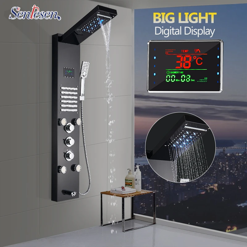 Senlesen Shower Panel Column Big Screen Blue Light Rain&Waterfall Shower Head Stainless Steel Massage Jets Mixer Shower