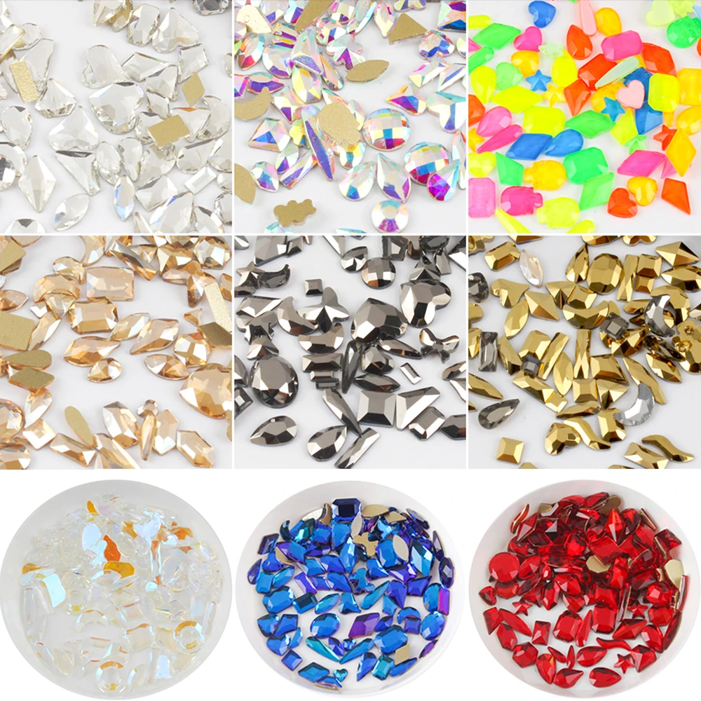 Mixed Shape 100pcs Crystal AB 3D Nail Art Rhinestones Flatback Strass Shiny Glass Nail Stones Gems For DIY Nails Art Decoration