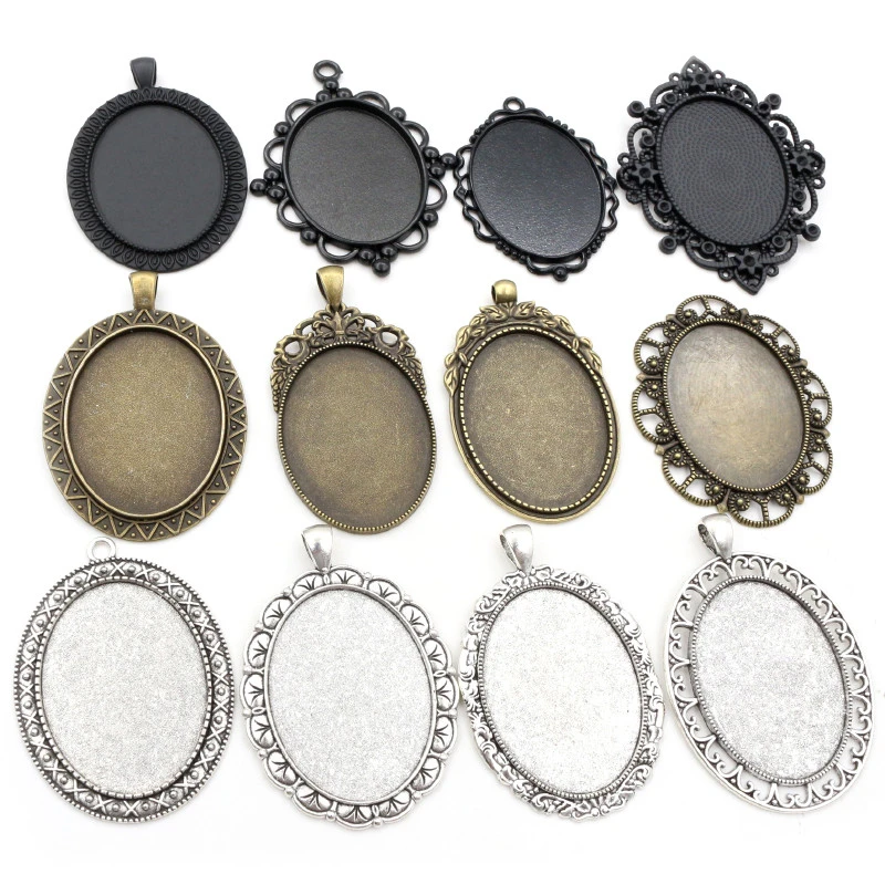 5pcs 30x40mm Inner Size Antique Silver Plated and Bronze and Black Cabochon Base Setting Charms Pendant