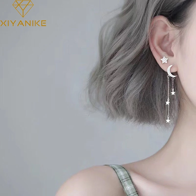 XIYANIKE 925 Sterling Silver Moon Stars Tassel Earrings Charm Women Asymmetry Jewelry New Fashion Elegant Party Accessories Gift