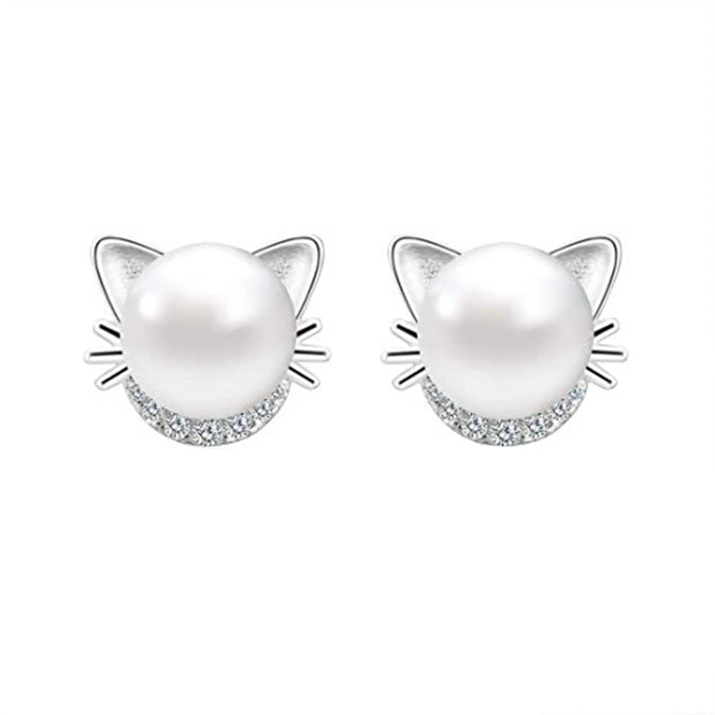 Women Adorable Cat Rhinestone Studs Earrings Shiny Crystal White Pearl Girls Stud Earrings Fashion Accessories