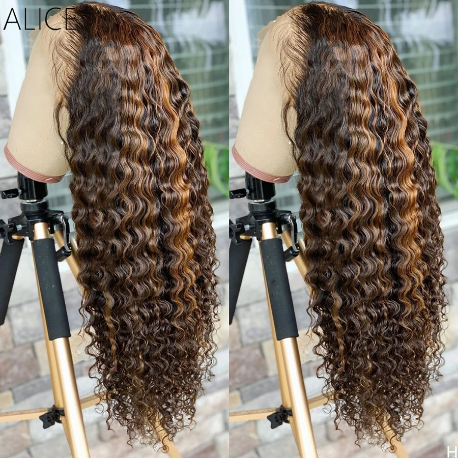 ALICE Highlight Curly Lace Front Human Hair Wigs 150% Density Scalp Top Closure Wigs With Baby Hair Non-Remy